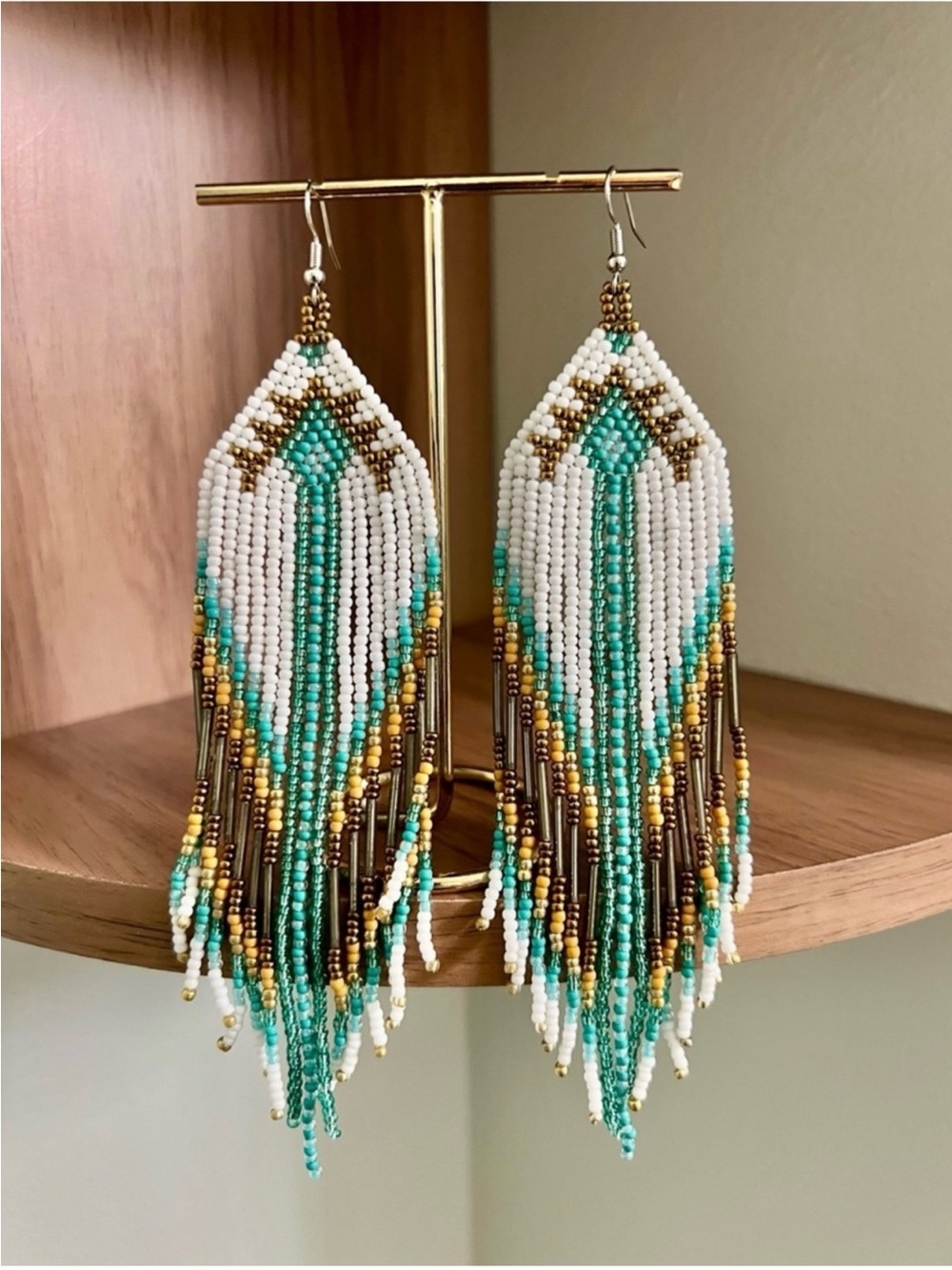 Puebla Pattern White & Turquoise Seed Bead Fringe Earrings